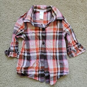 Janie and Jack plaid button down shirt pink brown cotton roll up sleeve size 3T